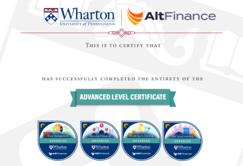 Certificate from Wharton and AltFinance for completing an advanced level program, featuring badges for Asset Management, Distressed Investing, Private Equity Investing, and Real Estate Investing.