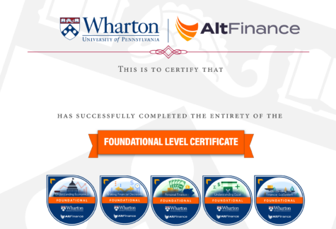 Certificate with Wharton and AltFinance logos, featuring text "Foundational Level Certificate" and badges for courses like Understanding Economics and Personal Finance.