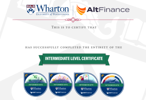 An Intermediate Level Certificate from Wharton and AltFinance, featuring completion badges for courses in accounting, financial modeling, financial statement analysis, and valuation.